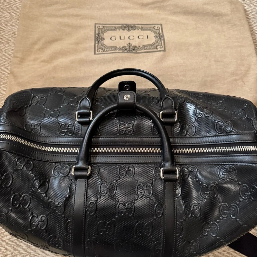 New! Gucci GG embossed black leather duffel bag
